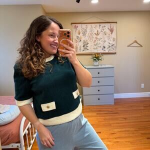 Anthropologie THML Green White Christmas Holiday Sweater Top Small